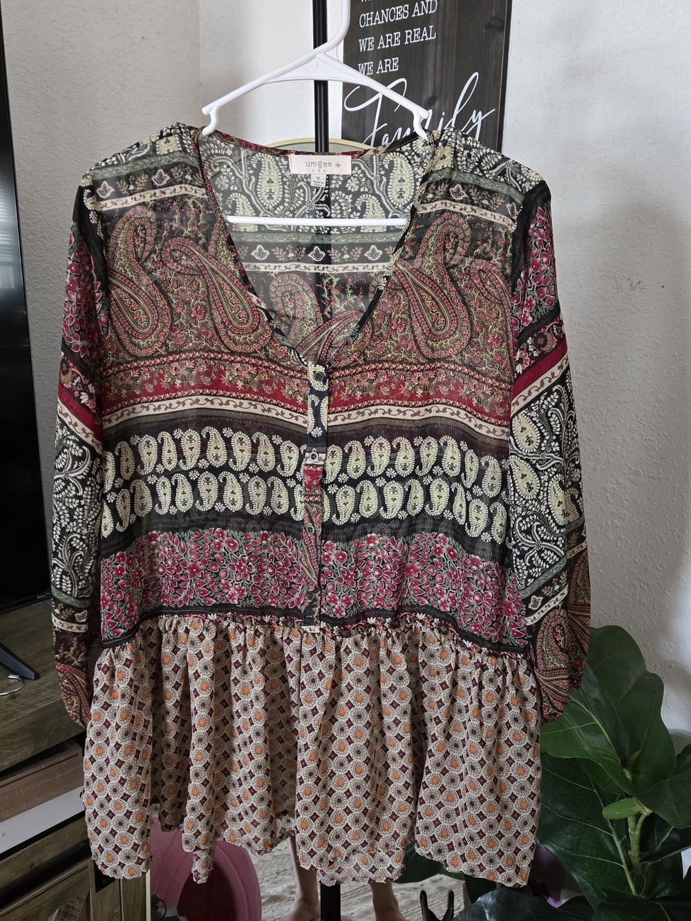 Umgee Paisley Mixed Print Peasant Blouse - Multicolor
